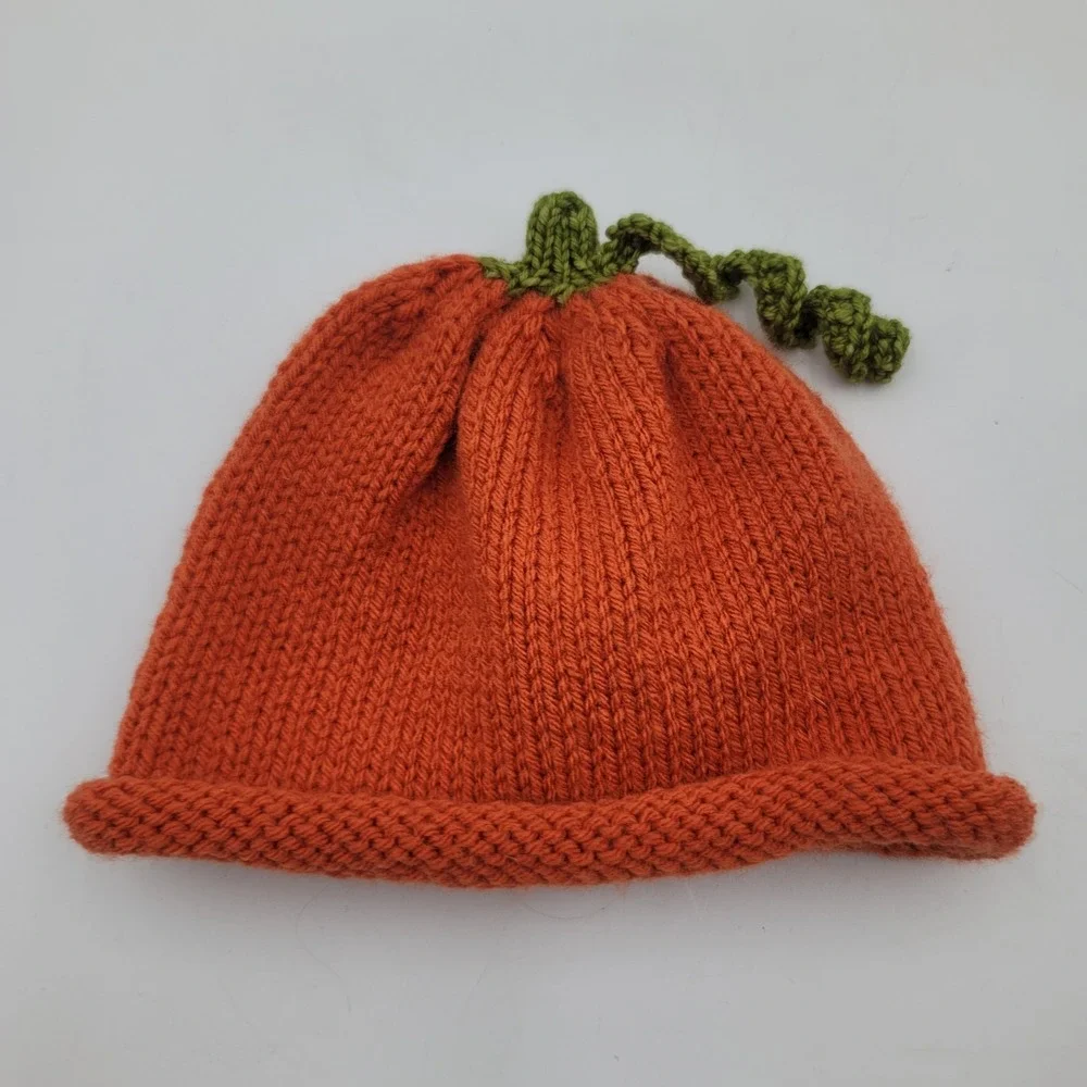 Kids Pumpkin Beanie Orange Knit Fall Halloween Costume Hat with Green Stem